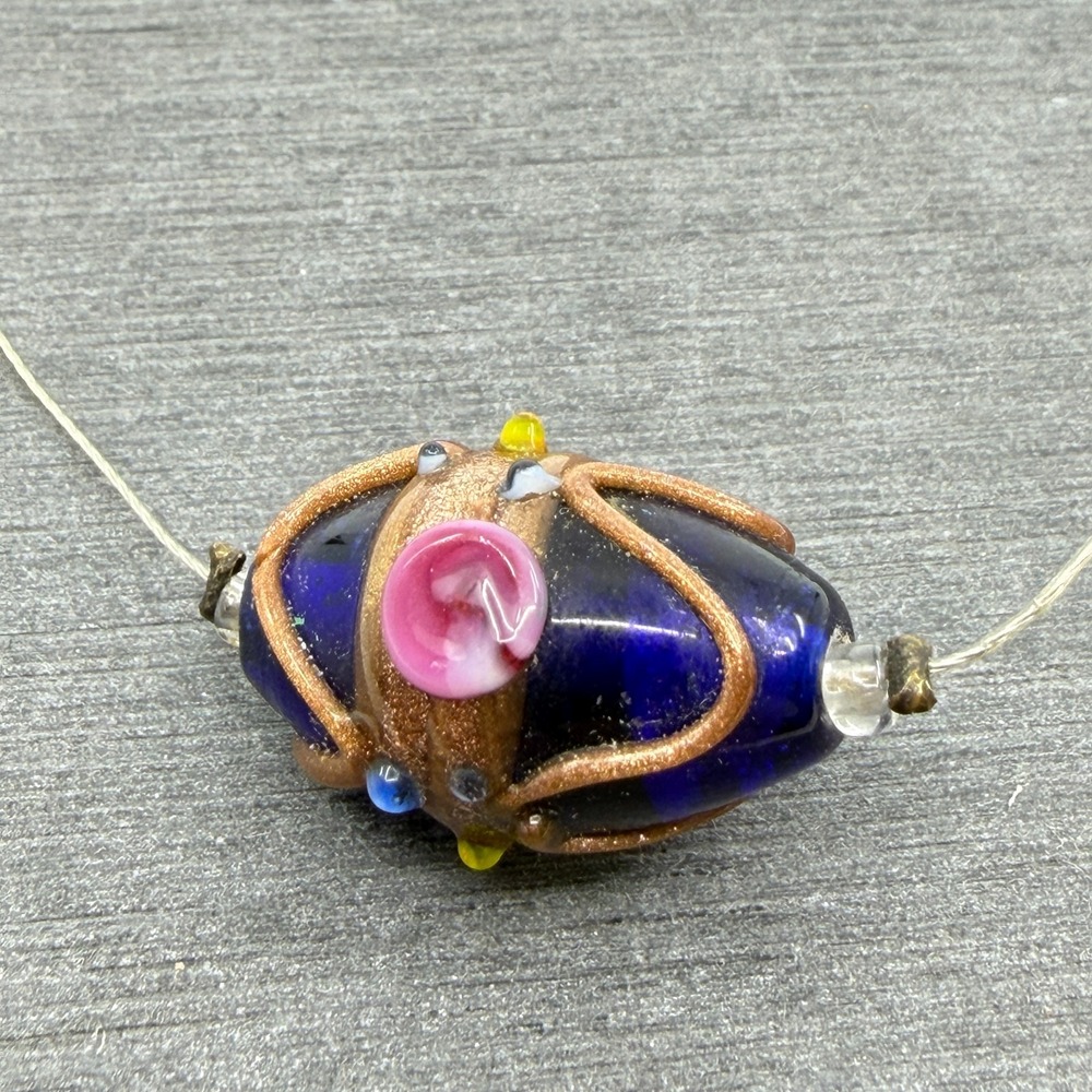 Blue Lampwork Glass Rose Bead Necklace Gold Tone Swirl Artisan Statement Jewelry